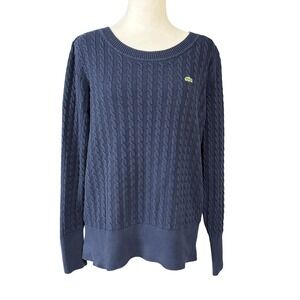 Lacoste‎ Sweater Womens Size 44 Navy Blue Cable Knit Crewneck Crocodile Cotton